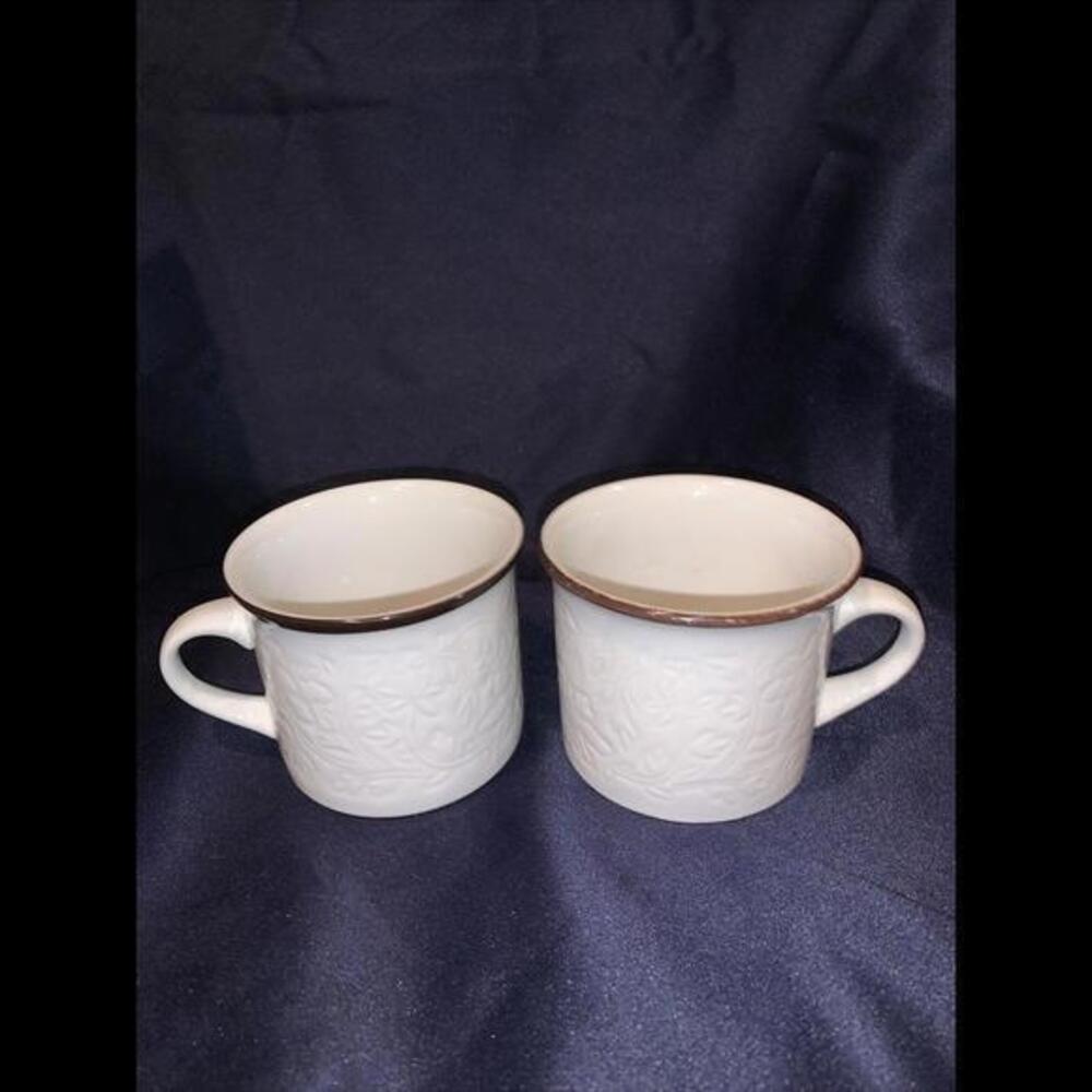Royal Doulton Ting 2 Mugs Brown Rim Ivory Embossed Flowers England 1974